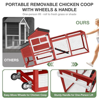 Large Chicken Coop with Wheels, Outdoor Wooden Hen House with Run & Nesting Box, for 3-5 Chickens, Waterproof Asphalt Roof, Leakproof Tray, Expandable Poultry Cage-Red - color: Red (AIR72-R)