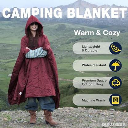 DUKUSEEK Outdoor Wearable Camping Blanket, Large Packable Backpacking Hooded Stadium Blankets, Lightweight Warm Quilt for Picnic, Hiking, Football, 79"X56", Wine Red - color: Wine Red - Wearable Camping Blanket