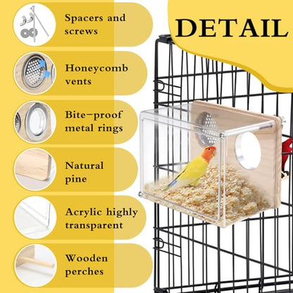 Parakeet Nesting Box for Cage, High-Transparent PET Parakeet Nest, Versatile Bird Houses for Canary, Lovebird and Parrot, Bird Boxes for Nesting with Wood Perch, Bird Cage Accessories (S, Rectangle)