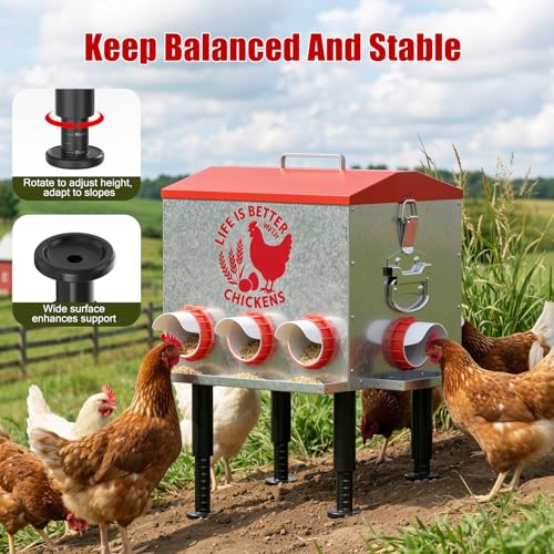 Pawaboo 55LBS Large Capacity Automatic Chicken Feeder - 2026 Upgraded No Waste Poultry Feeder, 7 Feeding Ports, Viewable Feed Level Window, Height-Adjustable Legs + Wobble-Free Stability - color: Red + Silver