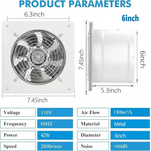 6 inch Exhaust Fan Wall Mounted Garage Ventilation Fan,290CFM Metal Attic Exhaust Fan Basement Extractor Fans with Backdraft Damper for Home Office Commercial Use(42W 110V 、White) - style: 6 inch