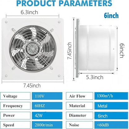6 inch Exhaust Fan Wall Mounted Garage Ventilation Fan,290CFM Metal Attic Exhaust Fan Basement Extractor Fans with Backdraft Damper for Home Office Commercial Use(42W 110V 、White) - style: 6 inch