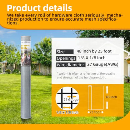48in x 25ft Hardware Cloth 1/8 inch 27Ga Hot Dipped Galvanized After Welding, Chicken Coop Wire Fence, Welded Metal Fencing Roll Mesh for Bee Screen Garden Plant Poultry Animal Netting Cage - size: 48in x 25ft
