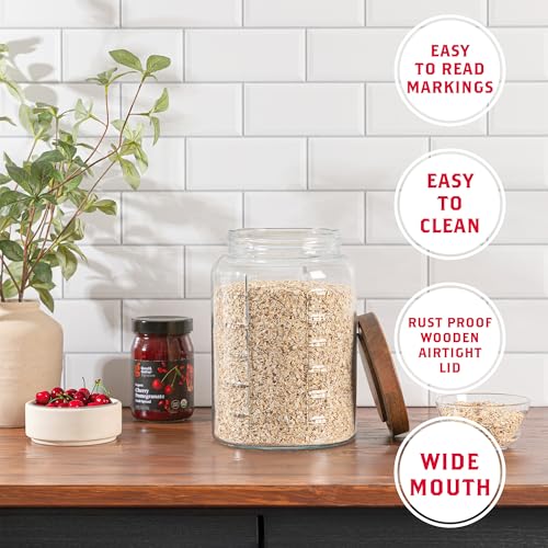 1 Gallon Glass Mason Jar with Airtight Wooden Lid, Wide Mouth Large Food Storage Container with Measurement Markings For Kitchen Pantry, Pickling, Cookies, Flour & Sugar - 2 Pack - size: Pack of 2