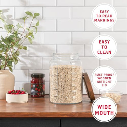 1 Gallon Glass Mason Jar with Airtight Wooden Lid, Wide Mouth Large Food Storage Container with Measurement Markings For Kitchen Pantry, Pickling, Cookies, Flour & Sugar - 2 Pack - size: Pack of 2