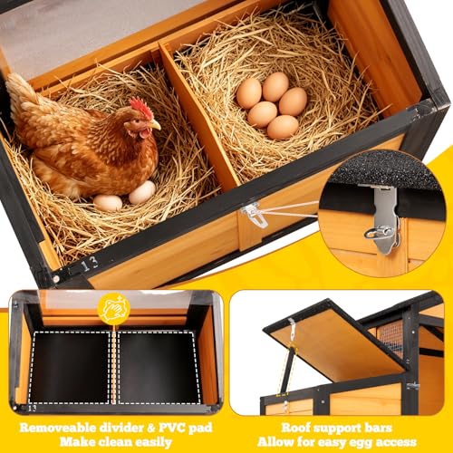 Portable Chicken Coop with Wheels Poultry Cage, Wooden Chicken Coop for 4-6 Chickens, Nesting Box, Pull-Out Tray, Ventilated Windows, Asphalt Weatherproof Roof, 81.5" Lx25.6 Wx44.1 H, Yellow - color: Yellow