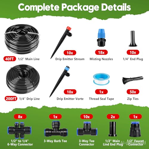 240FT Drip Irrigation System Kit Quick-Connect, Automatic Garden Watering System for Raised Garden Beds, Greenhouse, Yard, Lawn, Plant with 1/2 inch Hose 1/4 inch Distribution Tubing and Accessories - size: 40FT Main tube+200FT 1/4'' tube
