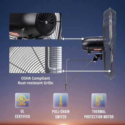 Tornado 24 Inch Pro Series High-Velocity Oscillating Wall Fan – 3-Speed, 7200 CFM, 6.6 FT Cord – UL Safety Certified for Commercial & Industrial Use - size: 24 Inch