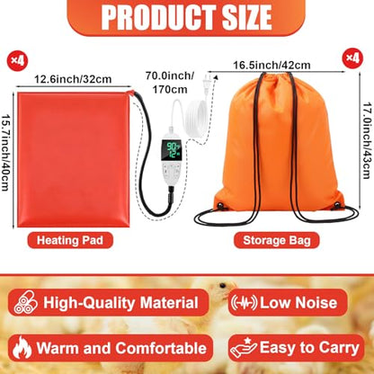 4 Pack Heated Chicken Pad for Brooders Small Animal Pet Heating Pad Warming Chick Nesting Mat with Temperature and Timer Waterproof Chicken Coop Heater Mat(15.7 x 12.6 Inches) - size: S