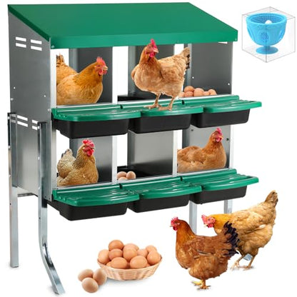 Chicken Nesting Box, 6 Hole Metal Nesting Boxes for Chickens with Roll Away Egg Collection, 2 Tier Chicken Laying Box, Removable Trays & Swing Perch for Backyard Coop and Laying Hens - size: 6 Holes with Legs