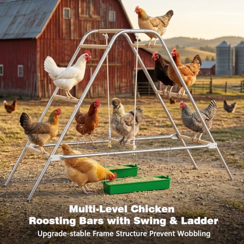Wooden Chicken Perch with Swing – Large Multi-Level Roosting Bars for 8-12 Chickens, Durable Wood & Rustproof Hardware Outdoor Coop Stand, Easy Assembly Backyard Chicken Accessories