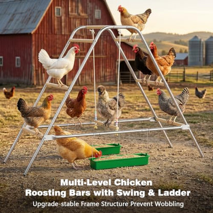 Wooden Chicken Perch with Swing – Large Multi-Level Roosting Bars for 8-12 Chickens, Durable Wood & Rustproof Hardware Outdoor Coop Stand, Easy Assembly Backyard Chicken Accessories