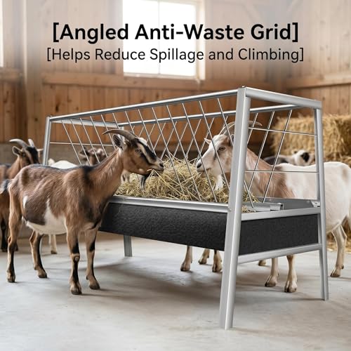 Heavy Duty Goat Feeder, 77 Gallon Stainless Steel Livestock Feeder, Anti-Waste Hay Feeder with Rubber Trough, 33.4 Inch Height for Goats, Calves, Sheep, Use in Barn, Pasture, Pigsty