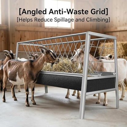 Heavy Duty Goat Feeder, 77 Gallon Stainless Steel Livestock Feeder, Anti-Waste Hay Feeder with Rubber Trough, 33.4 Inch Height for Goats, Calves, Sheep, Use in Barn, Pasture, Pigsty