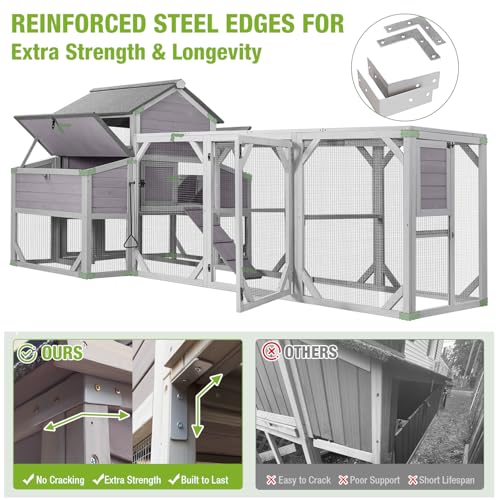 GUTINNEEN Large Chicken Coop with Run for 8-10 Chickens, Wooden Outdoor Hen House with 3-Section Nesting Box, Walk-in Poultry Cage, Pull-Out Metal Tray, Multiple Perches, Secure Ventilated Design - size: 118.1"L x 53.5"W x 49.6"H