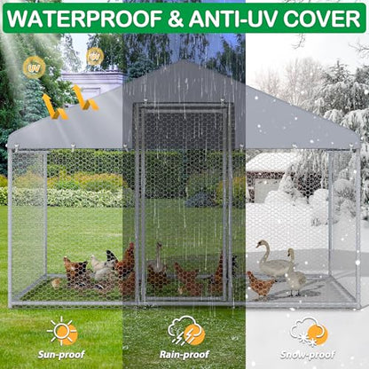 Large Metal Chicken Coop, Walk-in Chicken Run Pen with Anti-UV&Waterproof Cover, Spire Roof Poultry Cage for Outdoor, Backyard, Farm (6.4'FTx9.7'FT) - size: 117.0"L x 77.0"W x 77.2"H