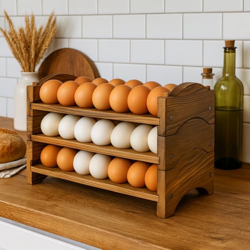 Egg Holder for Countertop, 3-Tier Wooden Rack, Holds 54 Fresh Eggs | Pulchrum rustic farmhouse pine organizer & display stand, stackable for kitchen counter or pantry, hard-boiled use, gift