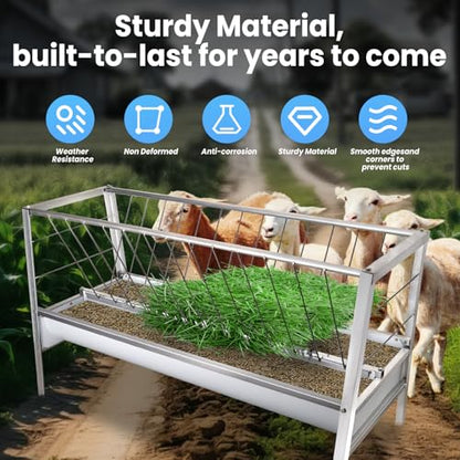 5 FT Galvanized Goat Feeder, 90 Gallon 2-in-1 Hay Rack & Grain Trough Combo, Heavy Duty Rust-Resistant Livestock Feeder for Sheep, Barn & Pasture