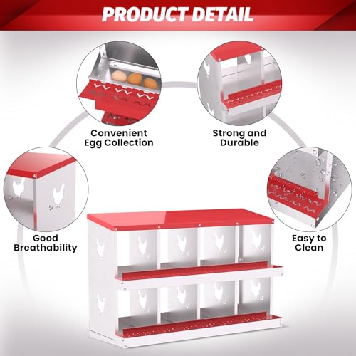 IDEALHOUSE Chicken Nesting Box, Galvanized Steel Laying Box with Rustproof & Roll-Away Egg Design, for Hens, Red 8 Compartment No Bracket - color: Red, size: 8 compartments (without bracket)