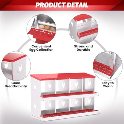 IDEALHOUSE Chicken Nesting Box, Galvanized Steel Laying Box with Rustproof & Roll-Away Egg Design, for Hens, Red 8 Compartment No Bracket - color: Red, size: 8 compartments (without bracket)