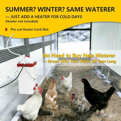 Hanging Chicken Waterer, 1 Gallon PVC Chicken Waterer with 2 Auto-Fill Cups & Horizontal Nipples, Hooks for 20mm×20mm+ Mesh, Suitable for Chicks, Chickens, Quail, Pigeons & Gamebirds