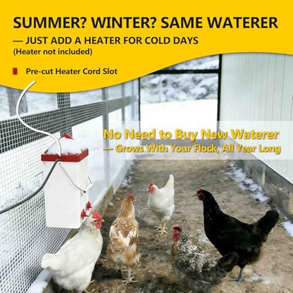 Hanging Chicken Waterer, 1 Gallon PVC Chicken Waterer with 2 Auto-Fill Cups & Horizontal Nipples, Hooks for 20mm×20mm+ Mesh, Suitable for Chicks, Chickens, Quail, Pigeons & Gamebirds