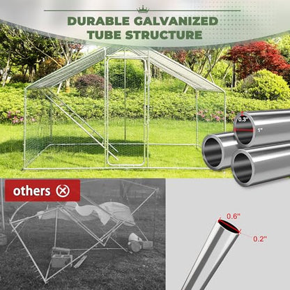 Metal Chicken Coop, 9.8 x 6.6 x6.6 Walk-in Chicken Run for 10 Chicken with Upgrade Roosting Perch, Water-Resident and Anti-UV Cover, Sturdy Spire Roof Chicken House for Outdoor Farm Use - color: Spire Roof