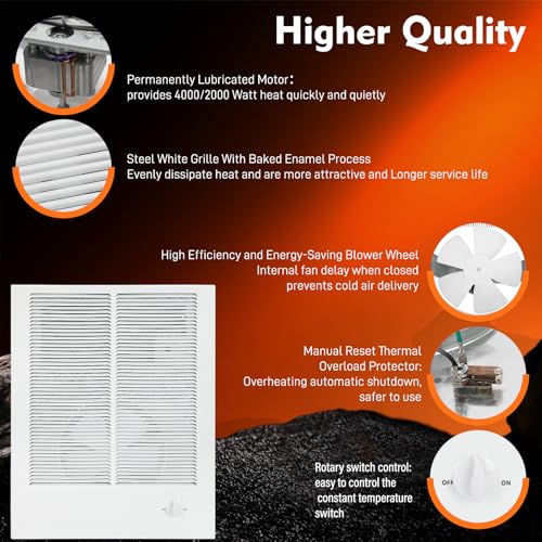 198 High Capacity Wall Heater, White Painted Grille,4000/2000 W at 240 V/120V with Adjustable Thermostat compatible with Broan 198 Wall Heater for Kitchens, Living Rooms, and Entryways