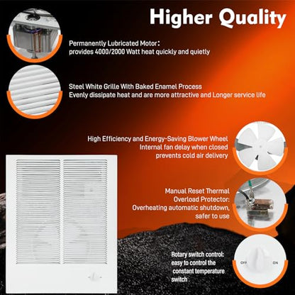 198 High Capacity Wall Heater, White Painted Grille,4000/2000 W at 240 V/120V with Adjustable Thermostat compatible with Broan 198 Wall Heater for Kitchens, Living Rooms, and Entryways