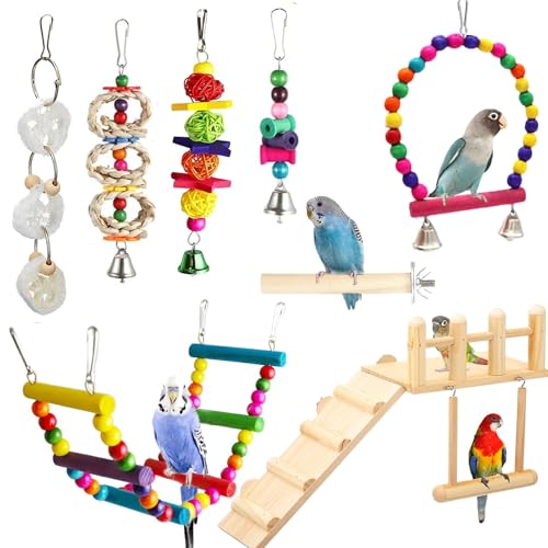 FrgKbTm Wooden Parrot Bird Perch Platform with Climbing Ladder,Parrot Play Stand Bird Swing Bridge Chewing Toys for Parakeet Cockatiel Conure Lovebirds (Bird Swing Set 2) - color: Bird swing set 2