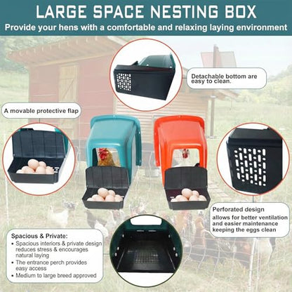 12-Pack Nesting Boxes for Chickens, Roll Away Chicken Laying Boxes - Durable Plastic Chicken Nesting Boxes for Hens, Coop Accessories with Perch for Easy Egg Collection