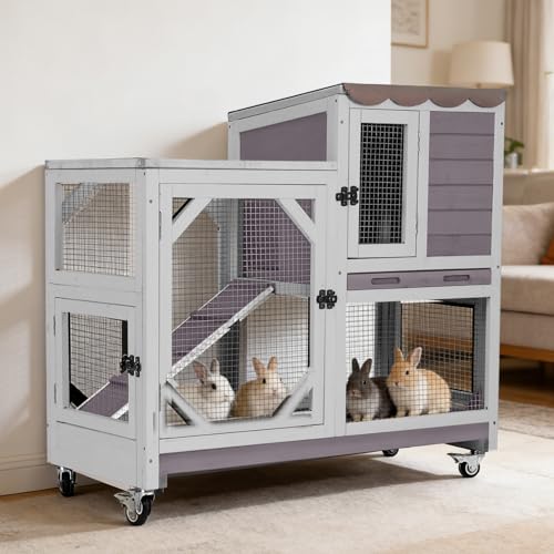 GUTINNEEN Wooden 2-Story Rabbit Hutch Indoor Outdoor - Rabbit Cage with 4 Wheels, 2 Easy-Clean Pull-Out Trays, 5 Access Doors & Chew-Proof Ramp for Rabbits, Guinea Pigs (Gray) - color: Grey, size: 39.3"L x 22.0"W x 36.8"H