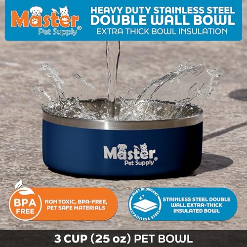 Master Pet Supply Stainless Steel Dog Bowls - 25 oz, Heavy Duty - Navy Blue, Double Wall Extra-Thick Insulated, Non-Slip Pet Water Bowl for Dogs, Cats & Pets, Anti Rust Metal, Dish Washer Safe - color: Navy Blue, size: 3 Cups (25 oz)
