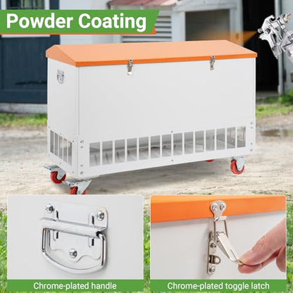 120LBS Chicken Feeder with Grille & Wheels, No-Waste Feeder w/ 38 Ports for 20 Chickens, Powder-Coated Steel Feeder w/Waterproof Lid, 37.6”x14.6”x26.2” - size: 120LBS