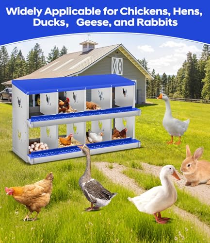 8 Compartment Chicken Nesting Boxes, Metal Roll Away Egg Laying Boxes with Removable Tray & Lid Cover, Chicken Coop Nest Box for Hens, Egg Protection Design (Without Legs) Green - color: Blue, size: 8 hole - without leg
