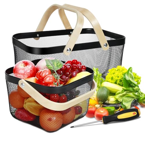 2 Pack Garden Harvest Basket, Metal Mesh Wire Picnic Basket with Handle, Rectangle Garden Baskets for Gathering Vegetables, Fruits, Kitchen, Home Cabinet Closet and Office(Black) - color: Black