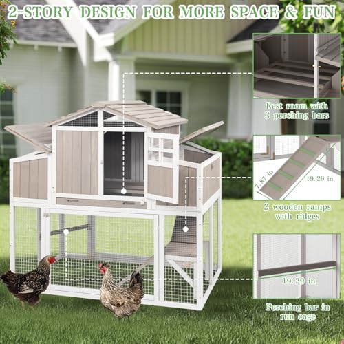 Gowoodhut 56.03" L 2-Story Chicken Coop with Run,Fir Wood Chicken House Hen House with 2 Large Nesting Boxes,Expandable Poultry Cage for 2-4 Chicken with 4 Perching Bars,Pull-Out Tray,Ramps - size: 56.3"L x 35.2"W x 52.8"H