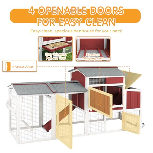 Chicken Coop with Run, Weatherproof Mobile Chicken Tractor Hen House with Wheels, Nesting Box, Roosting Bars, Pull-Out Tray, Asphalt Waterproof Roof & Fun Swing for Chickens Quails Red - color: Red