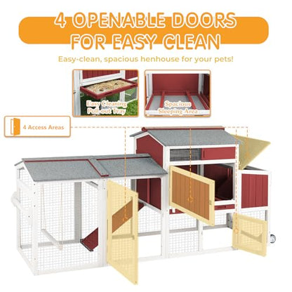Chicken Coop with Run, Weatherproof Mobile Chicken Tractor Hen House with Wheels, Nesting Box, Roosting Bars, Pull-Out Tray, Asphalt Waterproof Roof & Fun Swing for Chickens Quails Red - color: Red