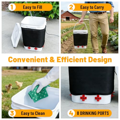 Heated Chicken Waterer 5 Gallon with Stand – 20L Chicken Heated Poultry Waterer, 8 Freeze-Proof Nipples with 4 Extras, Chicken Water Heater for Winter, Easy Clean Anti-Tip Design