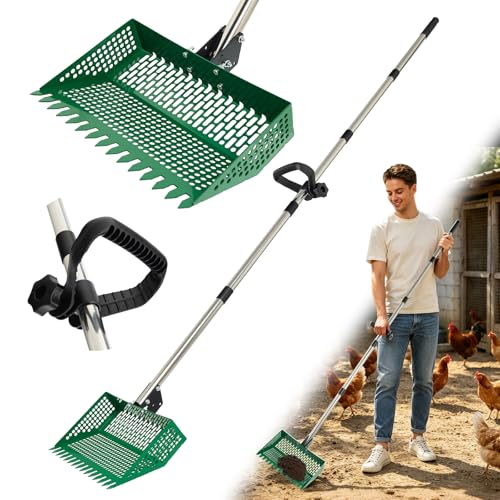 XXXFLOWER Chicken Poop Scooper & Rake 2-in-1, Metal Pooper Scooper Long Handle, Chicken Coop Rake for Chicken Coop, Sand & Pet Waste Cleaning