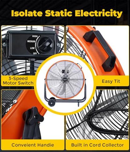 VENTISOL 24 Inch High Velocity Drum Fan, 9500 CFM Industrial Fans Heavy Duty, 3-Speed Shop Fan, Large Metal Floor Fan for Garage, Warehouse, Outdoor, Commercial, 8 Blades - style: 24" High Velocity Industrial Fan