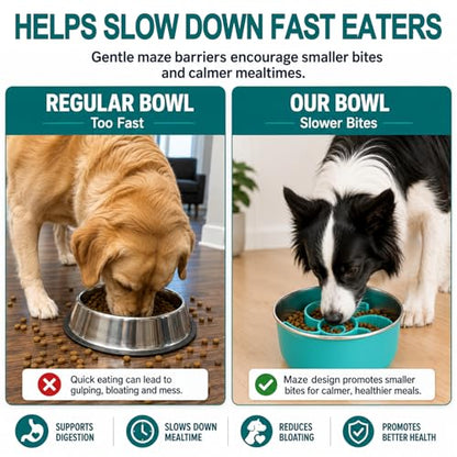 Large Dog Bowl 8 Cups Stainless Steel with Slow Feeder Insert and Lick Mat Storage Lid, 3-in-1 Non-Slip Pet Bowl for Kibble, Wet Food,Travel
