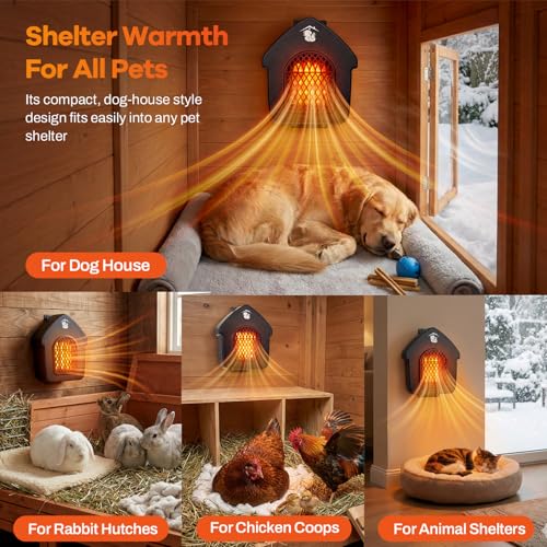 600W Dog House Heater with Shermostat, Wall Mount, 10ft Anti Bite Cord, Overheat Protection, Electric Warmer for Hound Kennel, Cat Cage, Chicken Coop, UL Test Passed, Black