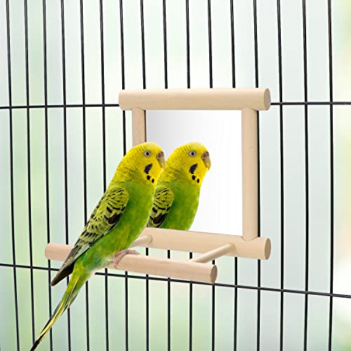 Bird Mirror with Perch Bird Toys for Parrots Budgies Parakeets Cockatiels Lovebirds Finches Canaries - color: Wood color