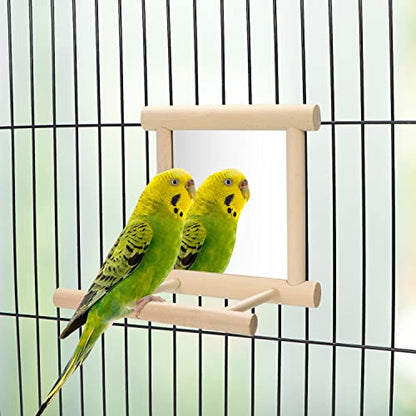 Bird Mirror with Perch Bird Toys for Parrots Budgies Parakeets Cockatiels Lovebirds Finches Canaries - color: Wood color