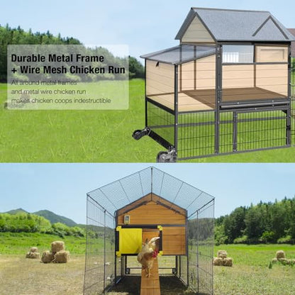 GUTINNEEN Chicken Coop Mobile Upgraded with Metal Frame and Metal Chicken Run 85" Outdoor Hen House Chicken Tractor with Wheels,Tarp Roof Cover