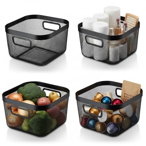 MorningRo 4 Pack Metal Mesh Basket with Hollow Handles Black Wire Storage Bin for Organizing Stackable Metal Fine Mesh Basket for Pantry Bathroom Kitchen Cabinets Shelves (Medium) - color: Black, size: Medium