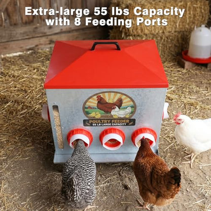 55LB Large Capacity Automatic Chicken Feeder with Window, 8 Feeding Ports Galvanized Steel No-Waste Raised Chicken Feeder with Lid & Height Adjustable Stand, Automatic Gravity Fed for Hens, Roosters