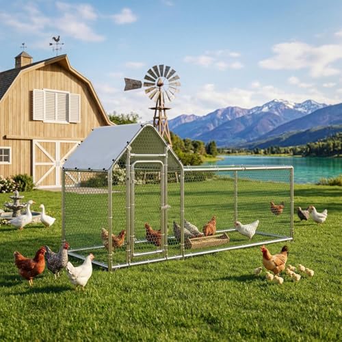 Metal Chicken Coop Walk-in Run Pen with Waterproof Cover, Galvanized Steel, Spire Roof, for Outdoor Backyard and Farm (118" L x 39.5" W x 59" H) - size: 118"L x 39.5"W x 59"H